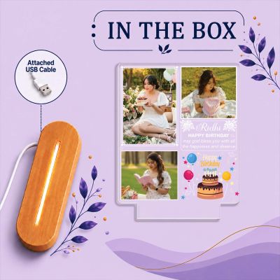 Personalized Photo Night Light with Wooden Base – Custom 3-Photo Acrylic LED Lamp with Name Birthday Gift for Her, Wife, Girlfriend, Daughter, Best Friend